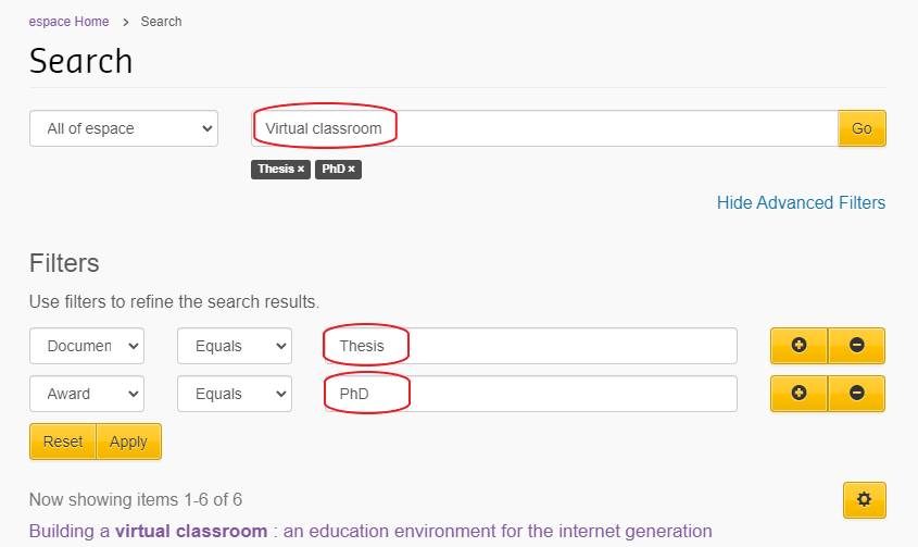 Screen capture of search example filtering for Document Type Thesis and Award PhD based on the keywords 'Virtual classroom'