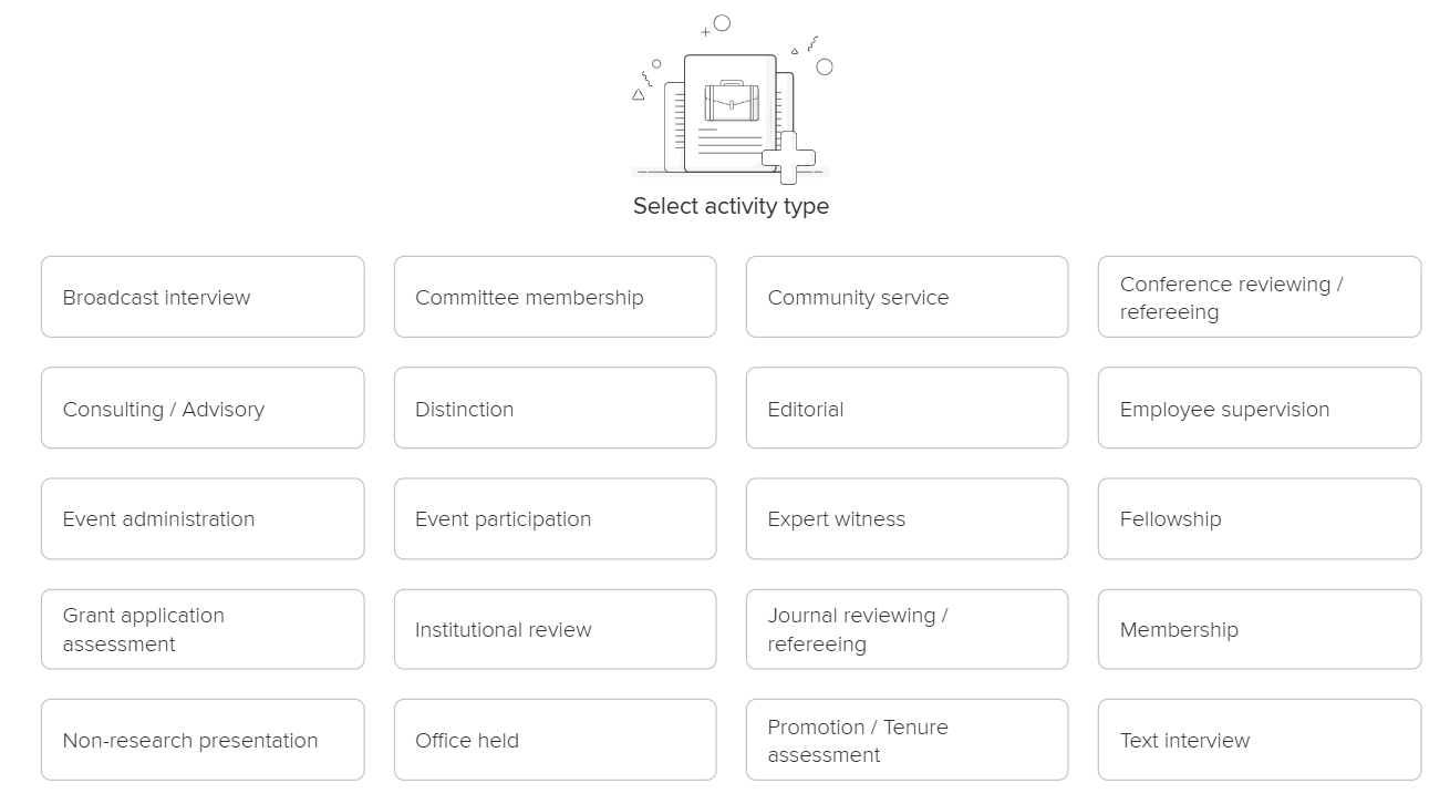 A screenshot of the available activities you can add to your profile.