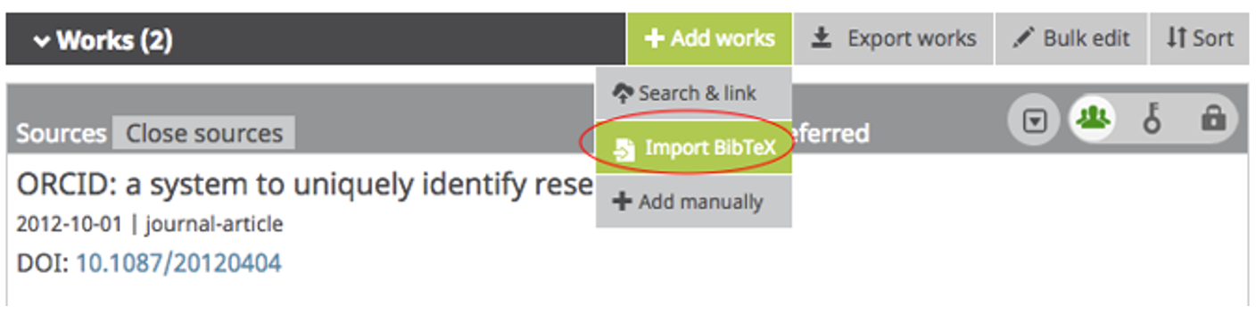 Screen capture of ORCID user page with 'Import BibTex' circled.