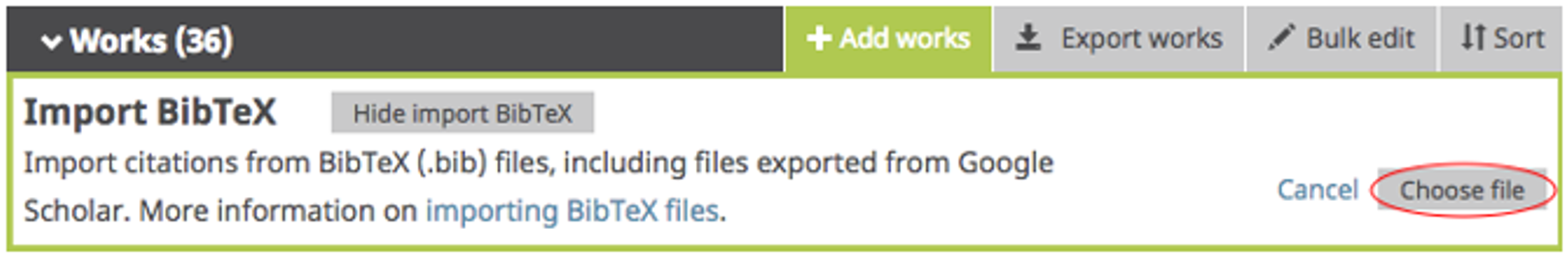 Screen capture of ORCID user page with 'Choose file' circled.