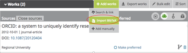 Screen capture of ORCID user page with the option 'Import BibTex' circled.