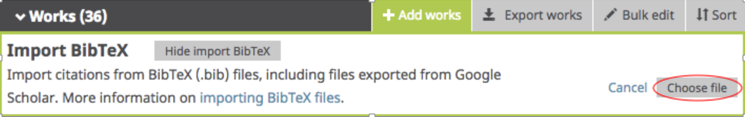 Screen capture of ORCID user page with the option 'Choose File' circled.