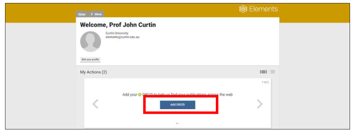 Screen capture of Elements user page with 'My actions' and 'Add ORCID' indicated to select
