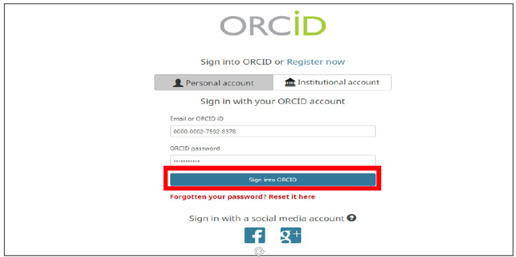 screen capture of Elements user page show ORCID sign-in page