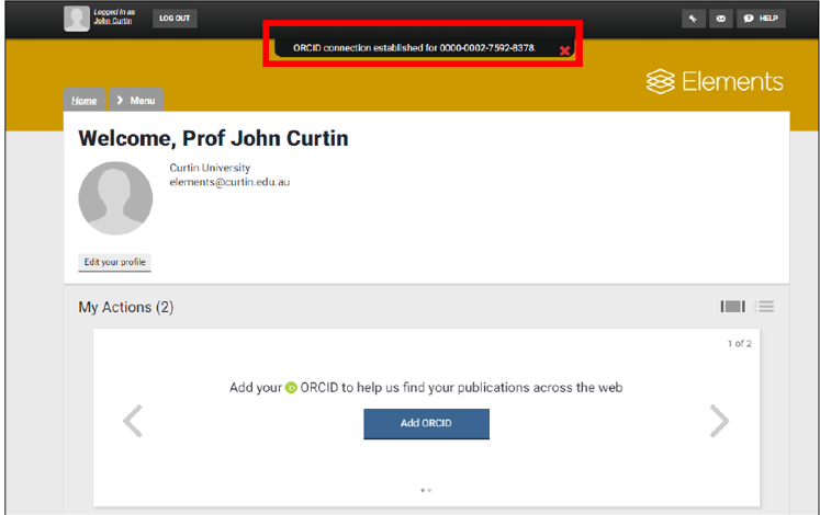 Screen capture of Elements user page showing confirmation message 'ORCID connection established for (ORCID Identifier)'