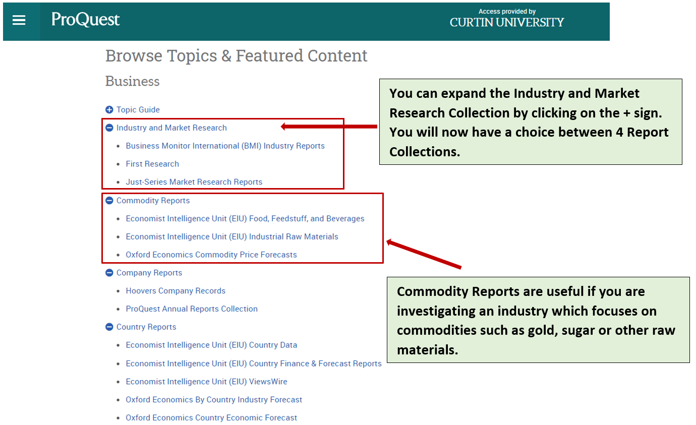 Screen capture of ProQuest search page with boxes pointing at relevant headings. First box contains the words 'You can expand the Industry and Market Research Collection by clicking on the + sign. You will now have a choice between 4 Report Collections'. Second box contains the words 'Commodity Reports are useful if you are investigating an industry which focuses on commodities such as gold, sugar or other raw materials'