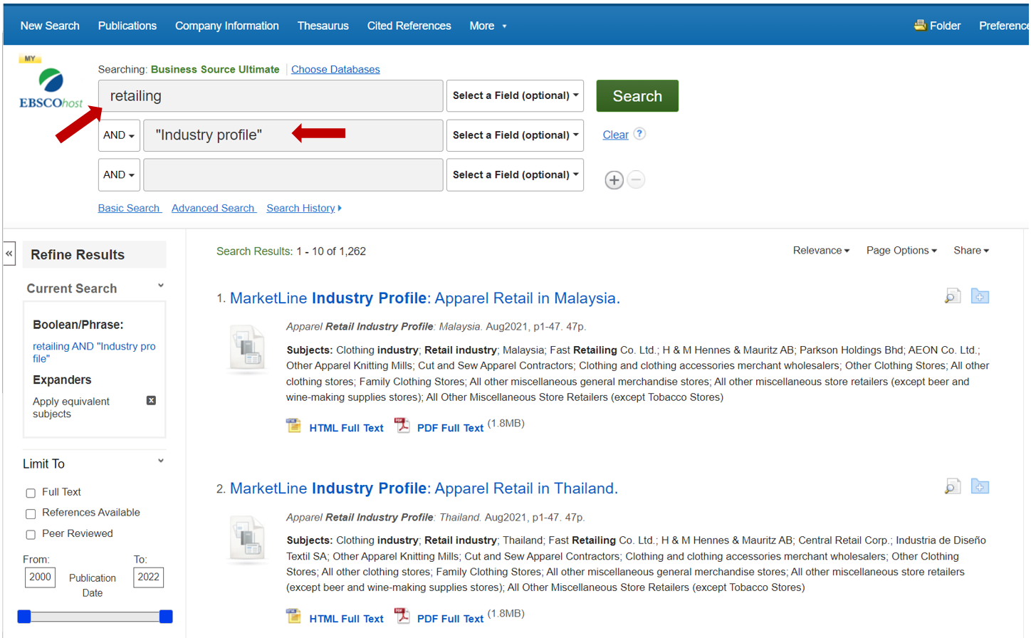 Screen capture of Business Source Ultimate search page. First search box has the words 'retailing'. Second search box has the words 'Industry Profile'.