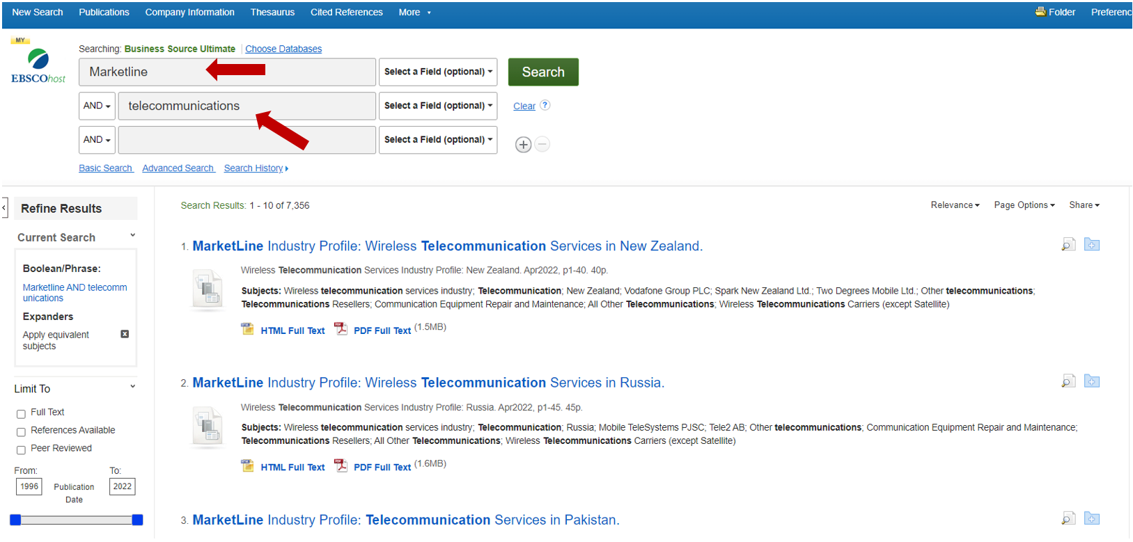 Screen capture of Business Source Ultimate search page. First search box has the words 'Marketline'. Second search box has the words 'telecommunications'.