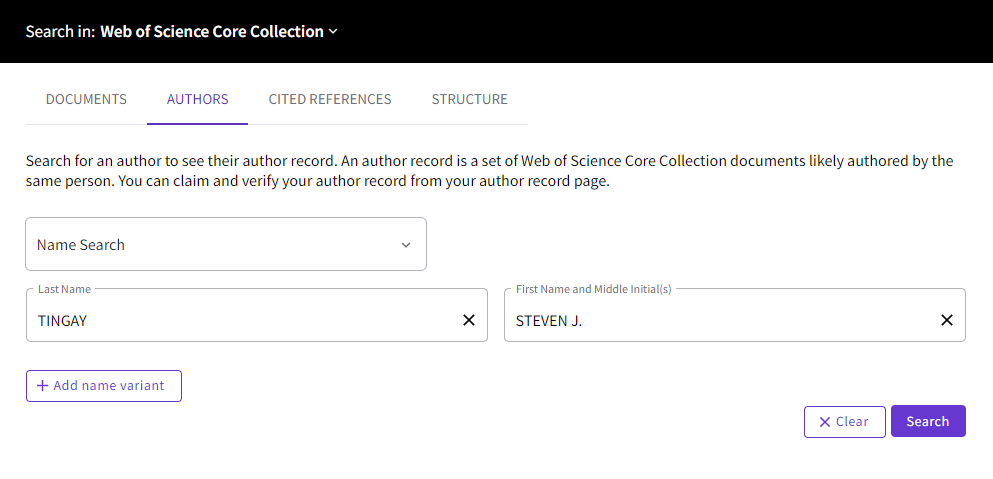 Screen capture of Web of Science user portal. Search in: Web of Science Core Collection.