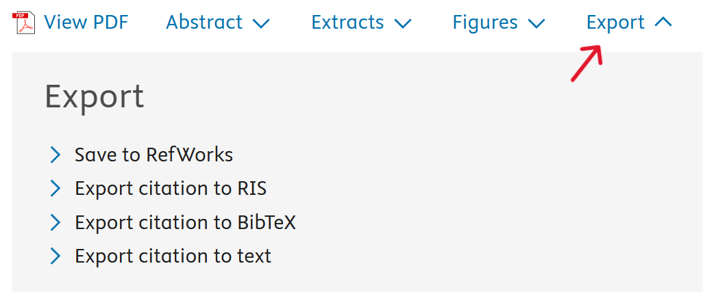A screenshot of the export button in Science Direct.