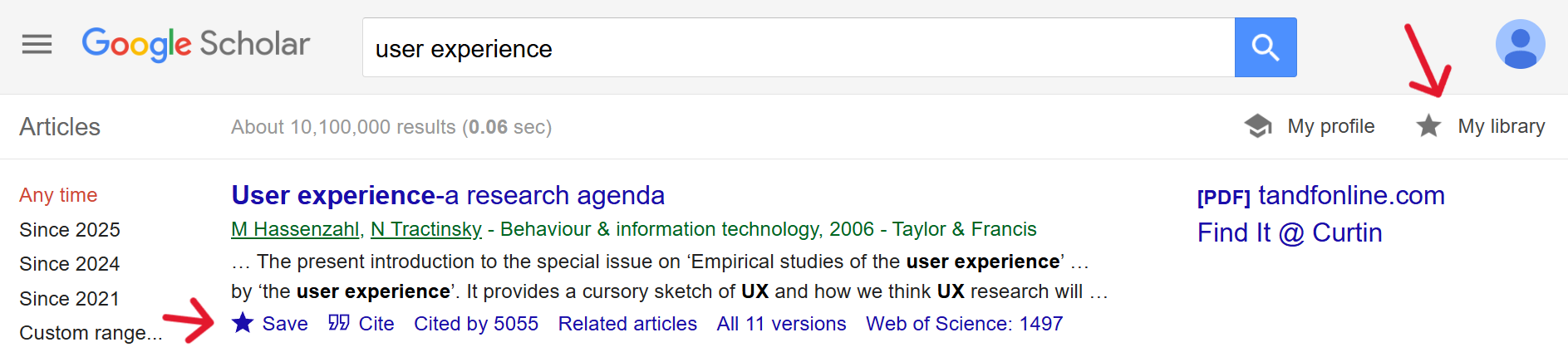 A screenshot of Google scholar search results with an arrow pointing to the My Library tab and another arrow pointing to the save button.