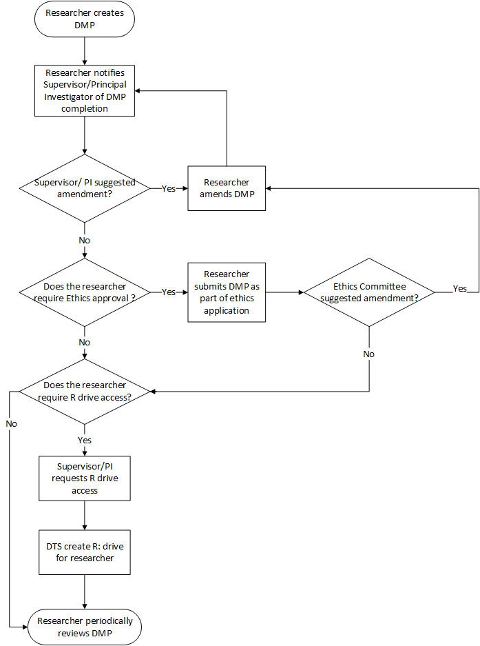 Flow chart show the process from 'Researcher creates DMP' to 'Researcher periodically reviews DMP'.