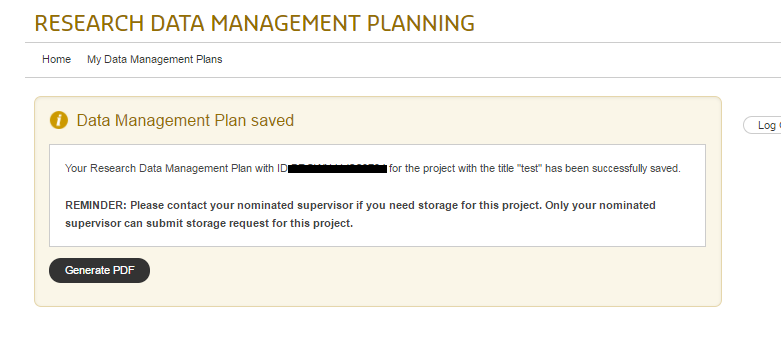 Screen capture of DMP Tool: Your Research Data Management Plan with ID number blacked out for the project with the title 