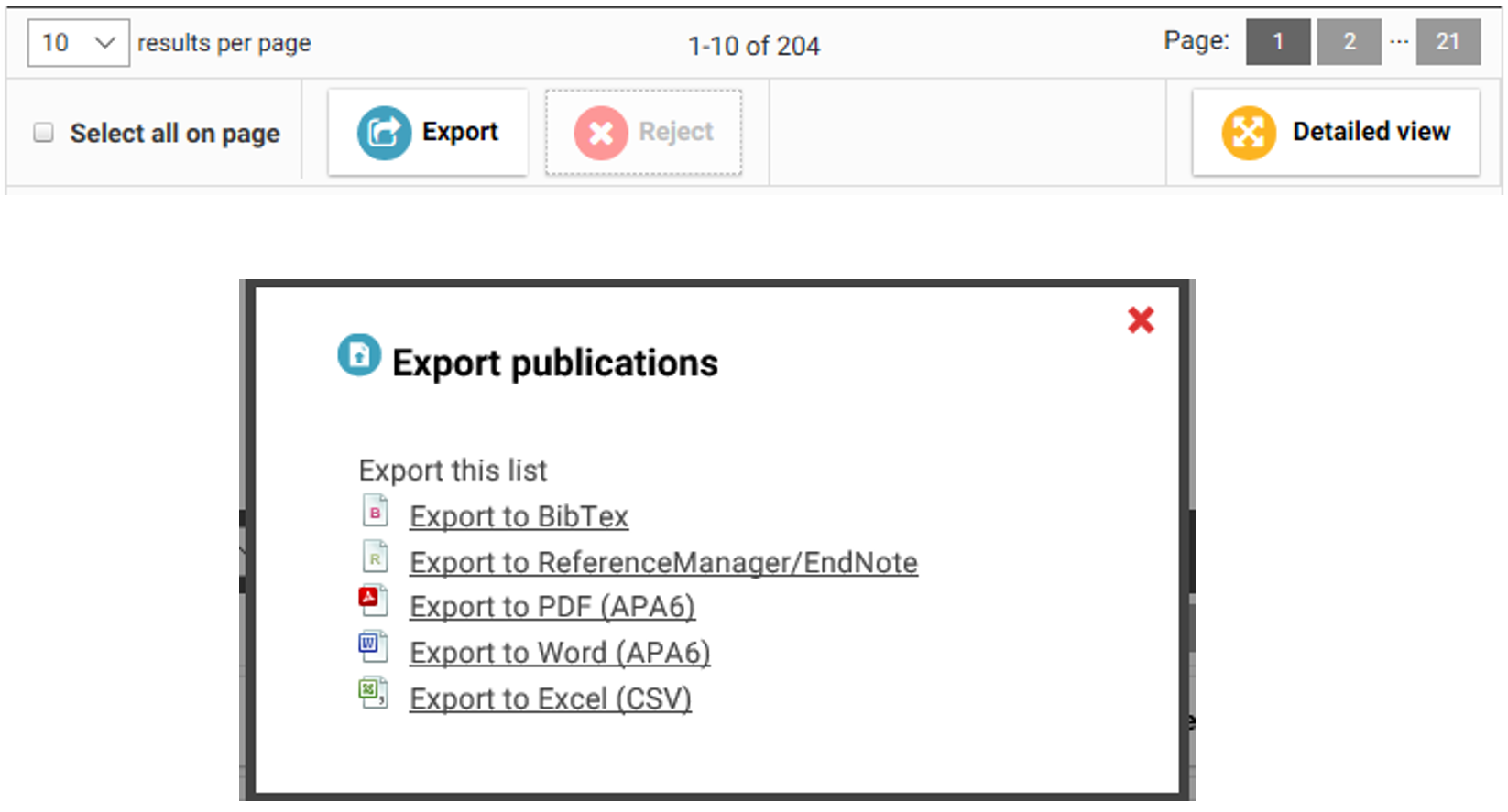 Screen capture of Elements user page showing Export Publications list options.