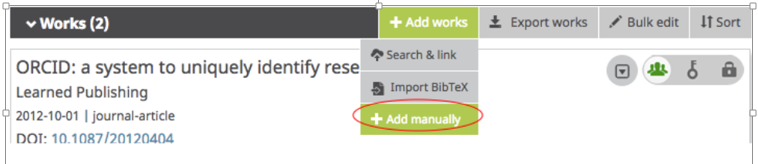 Screen capture of ORCID user page with the option 'Add manually' circled.